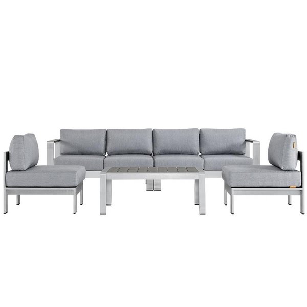 Modway Shore Outdoor Patio Aluminum Sofa Set, Silver and Gray - 5 Piece EEI-2564-SLV-GRY